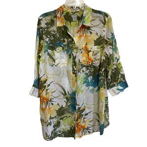 Chico's Size 12 Tropical Print Linen Button Front Blouse No Iron  3/4 Sleeves